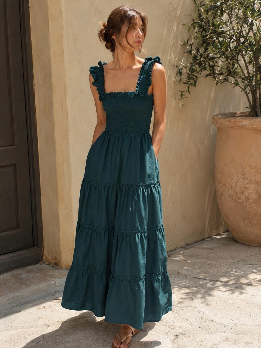 Quince Organic Cotton Smocked Tiered Midi Dress Green Cottagecore Coastal Small